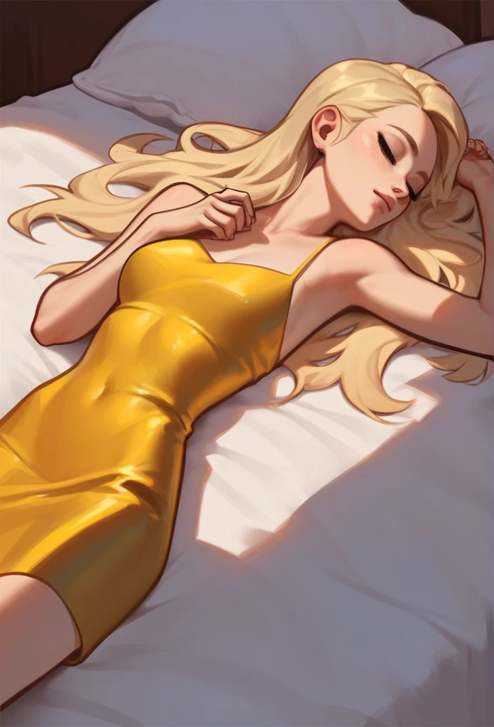 girl, young blonde, long hair. slim, is wearing a short golden dress. lying on her bed. With sleeping. Wearing going out.