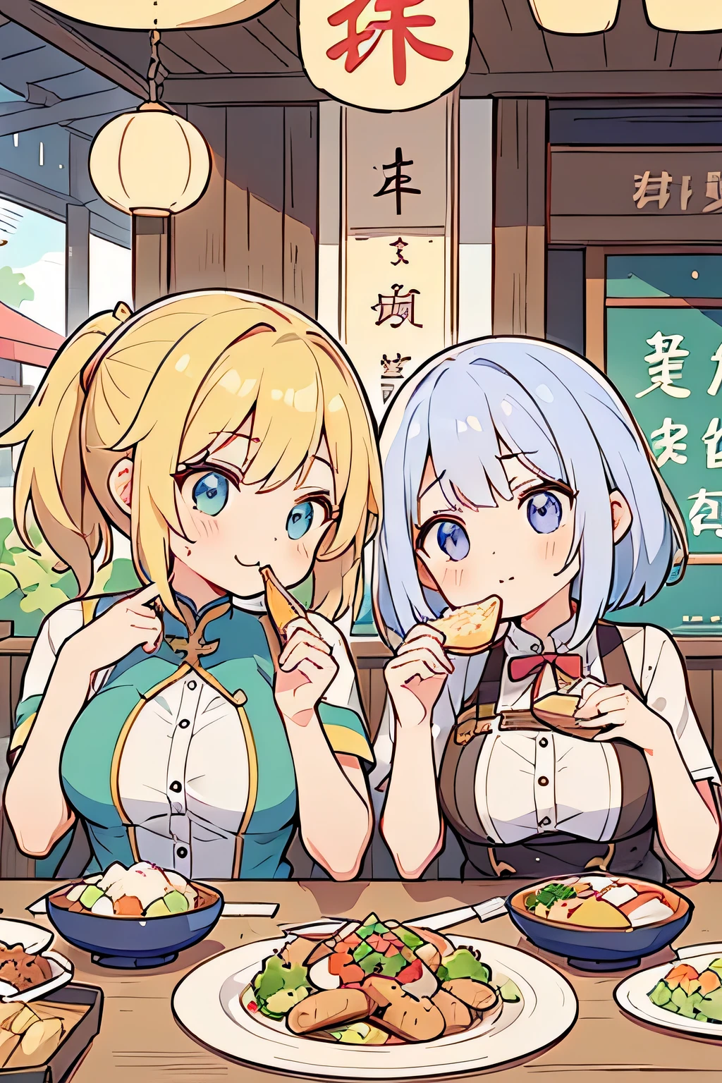 Highest quality、High resolution、Detailed Background、(Beautiful face in every detail:1.4)、Anatomically correct、Normal number of fingers、(Detailed eyes)、Teen anime beauties、(Huge breasts:1.2)、Light color hair、Bobcut、ponytail、well-groomed eyebrows、Perfect body line、Cute gestures、Food Festivals、
(Two beauties enjoying the Food Festivals:1.5)、(Two beautiful women eating various dishes:1.5)、
Food Festivals are held in parks, event spaces, outdoor venues, and other locations that require a lot of space.、Sometimes it is held in urban areas or tourist spots.、You can enjoy a variety of cuisines、cute