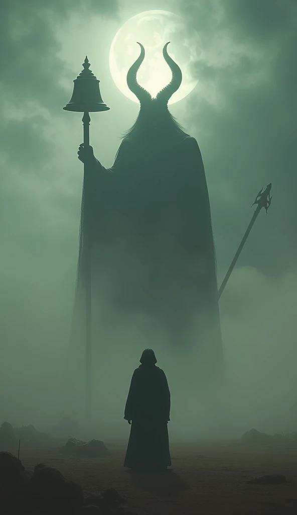 Describe a dark and spooky atmosphere in an open place filled with thick fog.. In the middle, Prophet Yahya stood upright, while the devil in his true form appears from the shadow. The background is gloomy with a dark sky, and the moonlight covered by clouds creates a tense atmosphere. The jingling sound of the large bell held by the demon echoed in the air., adds to the atmosphere of horror and fear." : epic realistic, Soft cinematic portrait, Adobe Lightroom, photographic lab, highy detailed, (light colors: 1,2), (HdR: 1,4) , (subdued colors:1.2), hyperdetailed, (art-station:1.4), cinemactic, warm lights, dramatic light, (details Intricate:1.1), ancient egypt background , best quality
