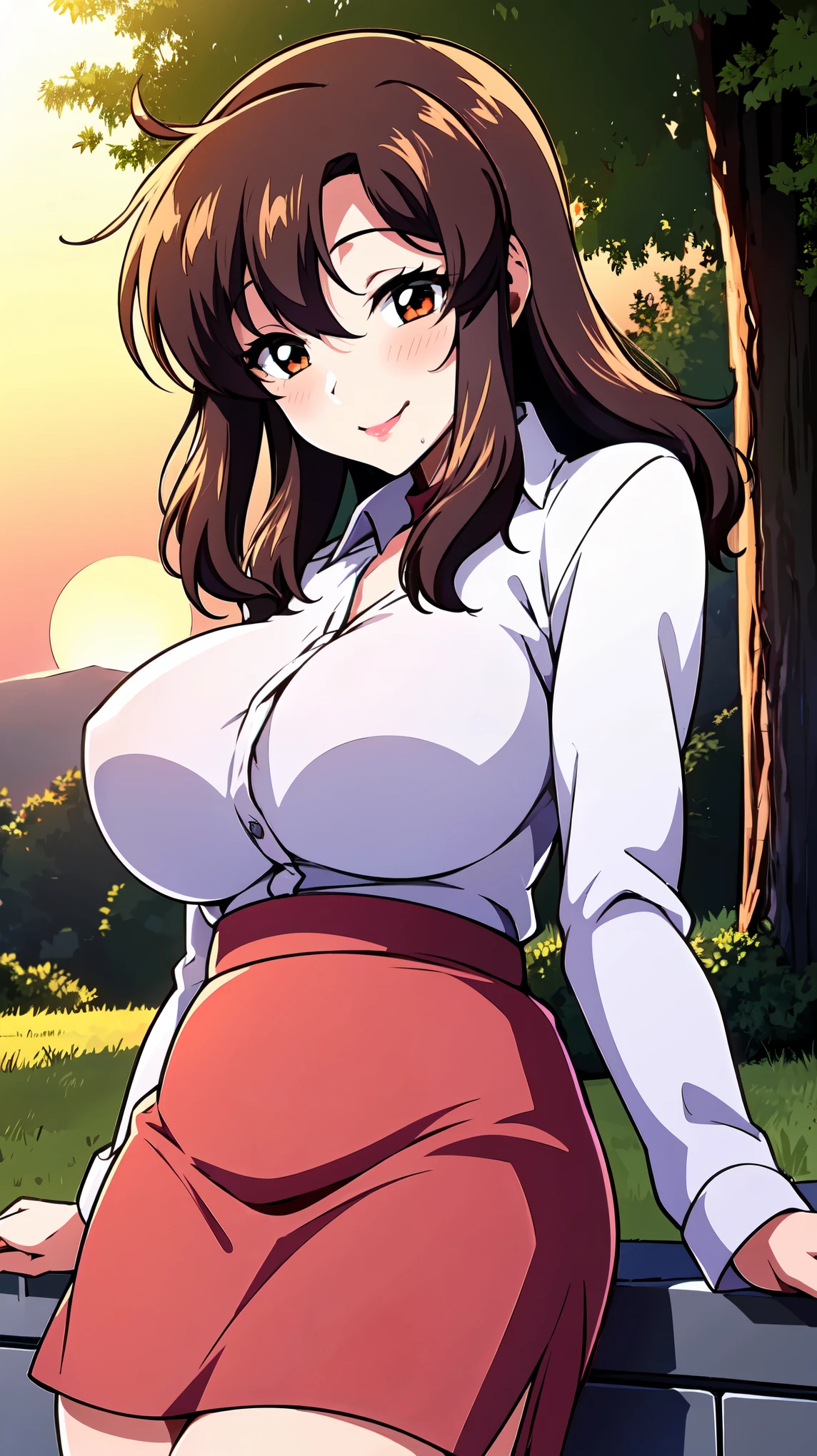((super high quality,Ultra-high resolution,16K,super masterpiece,Ultra HD ,Detailed shading,))A park on a hilltop in the setting sun,One sexy mature woman,((Sexy pink dress shirt,popped Tight collar,))Long sleeve,Red Long Tight Skirt,Looking at the camera,Brown medium long hair,Hair wildly tousled by the wind,smile,blush,Thick lips,slouch,