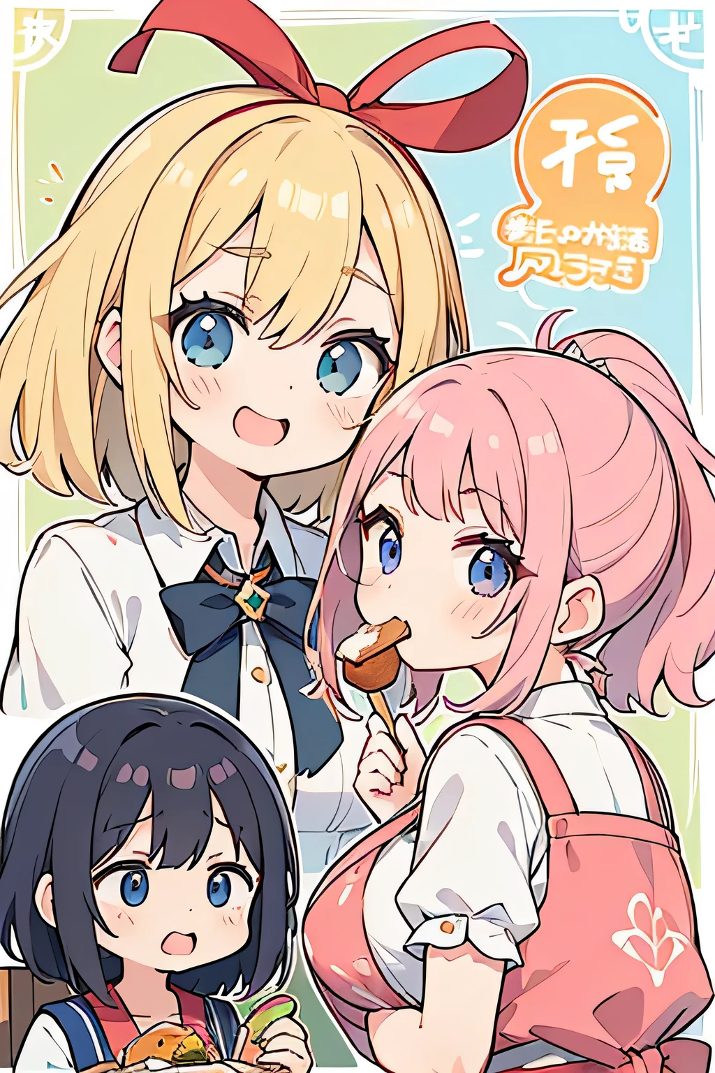 Highest quality、High resolution、Detailed Background、(Beautiful face in every detail:1.4)、Anatomically correct、Normal number of fingers、(Detailed eyes)、 anime beauties、(Huge breasts:1.2)、Light color hair、Bobcut、ponytail、well-groomed eyebrows、Perfect body line、Cute gestures、Food Festivals、
(Two beauties enjoying the Food Festivals:1.5)、(Two beautiful women eating various dishes:1.5)、
Food Festivals are held in parks, event spaces, outdoor venues, and other locations that require a lot of space.、Sometimes it is held in urban areas or tourist spots.、You can enjoy a variety of cuisines、cute