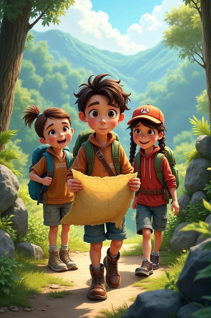 Create an image of three boys, one of them holding a map, and two girls