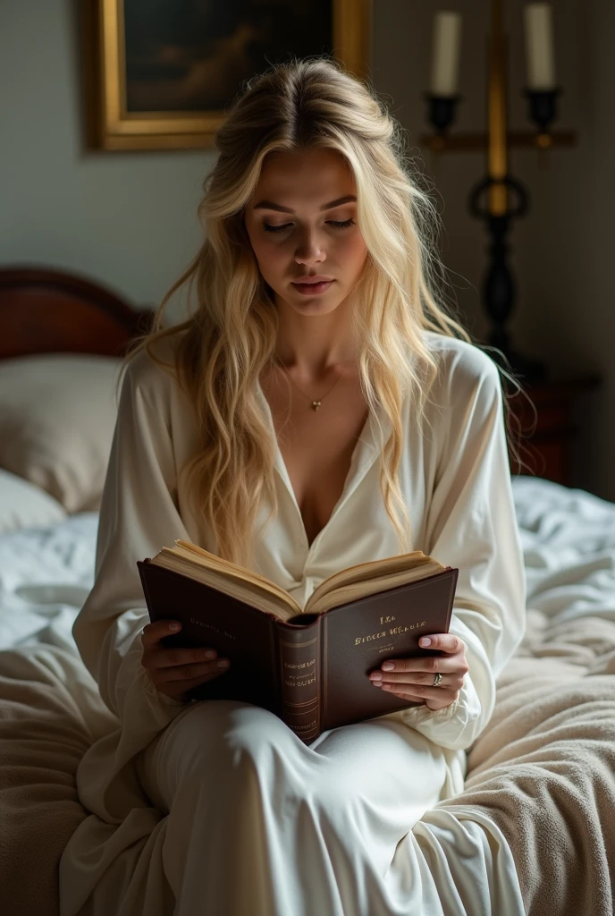 1 girl,adult,blonde,long dress,covered with collar,Reading the bible,room,bed