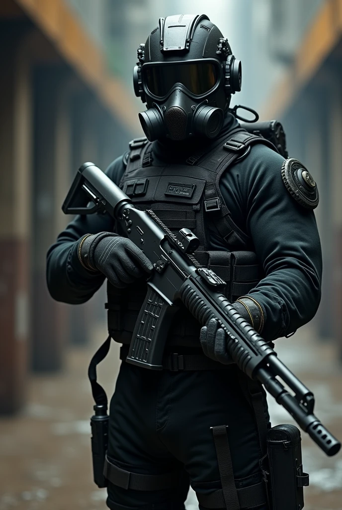 Special forces soldier equipped with a shotgun and a gas mask with an advanced helmet and a dark suit