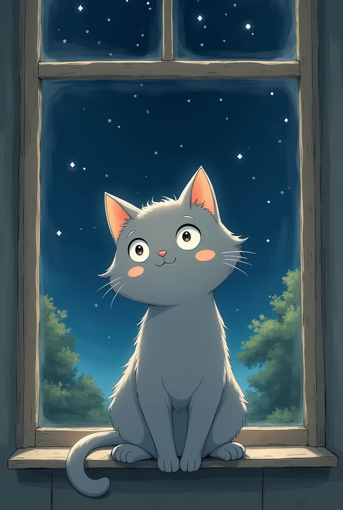 I want a wallpaper that has a grey cat with little beige spots on its face, I would like the background to be a window at night or something that reflects peace, I would like the drawing style to be like Studio Ghibli, I want the drawings to be detailed and that when you see it, it reflects nostalgia and peace.. I would like the image to have a more adult style, not so