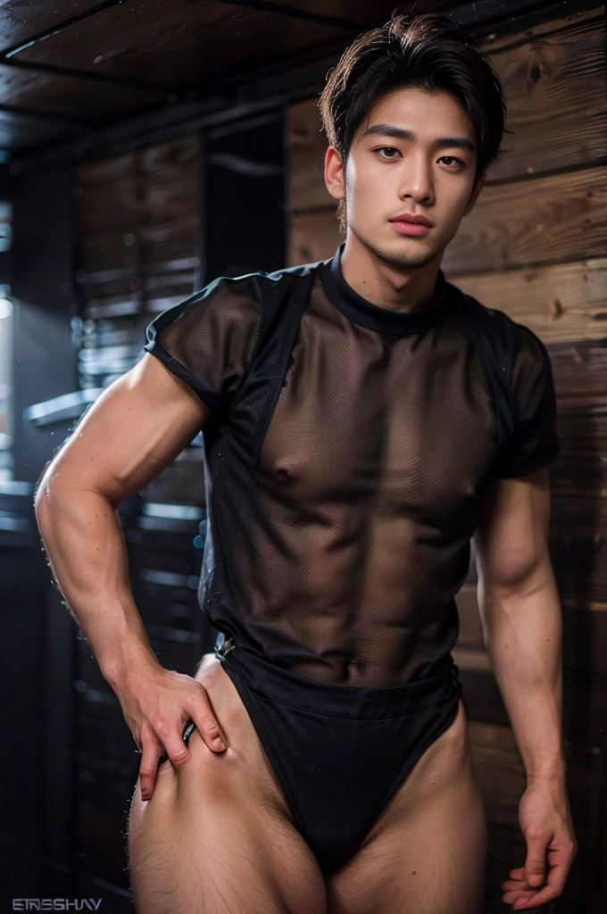 Mesh Bodysuit, ultra photorealism, ultra realism(Korean male) ,wearing sexy bodysuit, huge muscle,See-through, Underground nightclub, Dancing, Facial hair, Realistic, Masterpiece, Intricate details, Detailed background, Depth of field,(((The crotch is raised))) , extra short hair