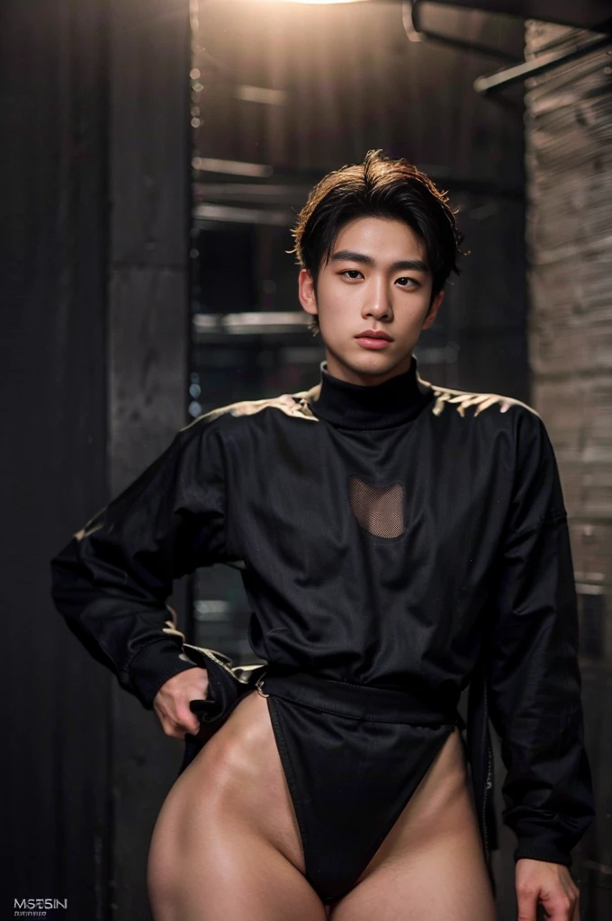 Mesh Bodysuit, ultra photorealism, ultra realism(Korean male) ,wearing sexy bodysuit, huge muscle，See-through, Underground nightclub, Dancing, Facial hair, Realistic, Masterpiece, Intricate details, Detailed background, Depth of field,（（（The crotch is raised））） , extra short hair
