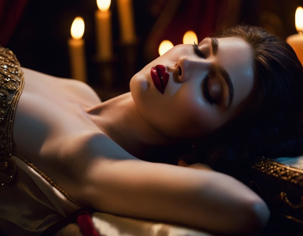laying on the table, in dark, full view, dark hair, woman, 30 years, red lipstick, topless, detailed skin, seducive, making a dark ritual with fire, dark scene, red cheack, a lot of candles, candlelight, seducive, sweaty