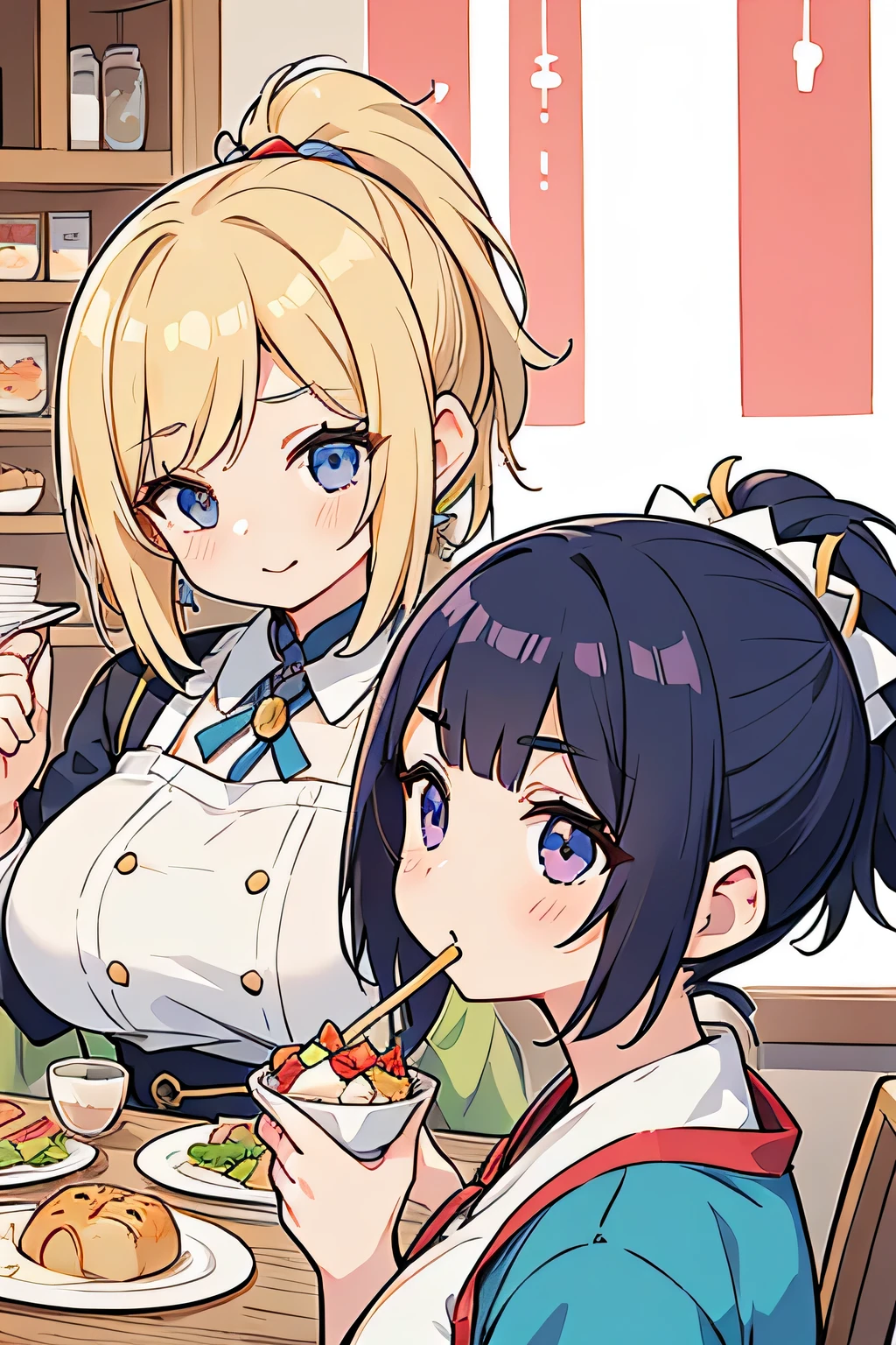 Highest quality、High resolution、Detailed Background、(Beautiful face in every detail:1.4)、Anatomically correct、Normal number of fingers、(Detailed eyes)、 anime beauties、(Huge breasts:1.2)、Light color hair、Bobcut、ponytail、well-groomed eyebrows、Perfect body line、Cute gestures、Food Festivals、
(Two beauties enjoying the Food Festivals:1.5)、(Two beautiful women eating various dishes:1.5)、
Food Festivals are held in parks, event spaces, outdoor venues, and other locations that require a lot of space.、Sometimes it is held in urban areas or tourist spots.、You can enjoy a variety of cuisines、cute