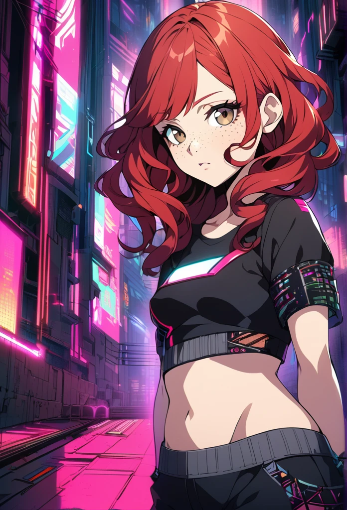 A woman, red hair, curly hair, brown eyes, belly showing, crop top, cyberpunk background, anime style, freckles, small breast