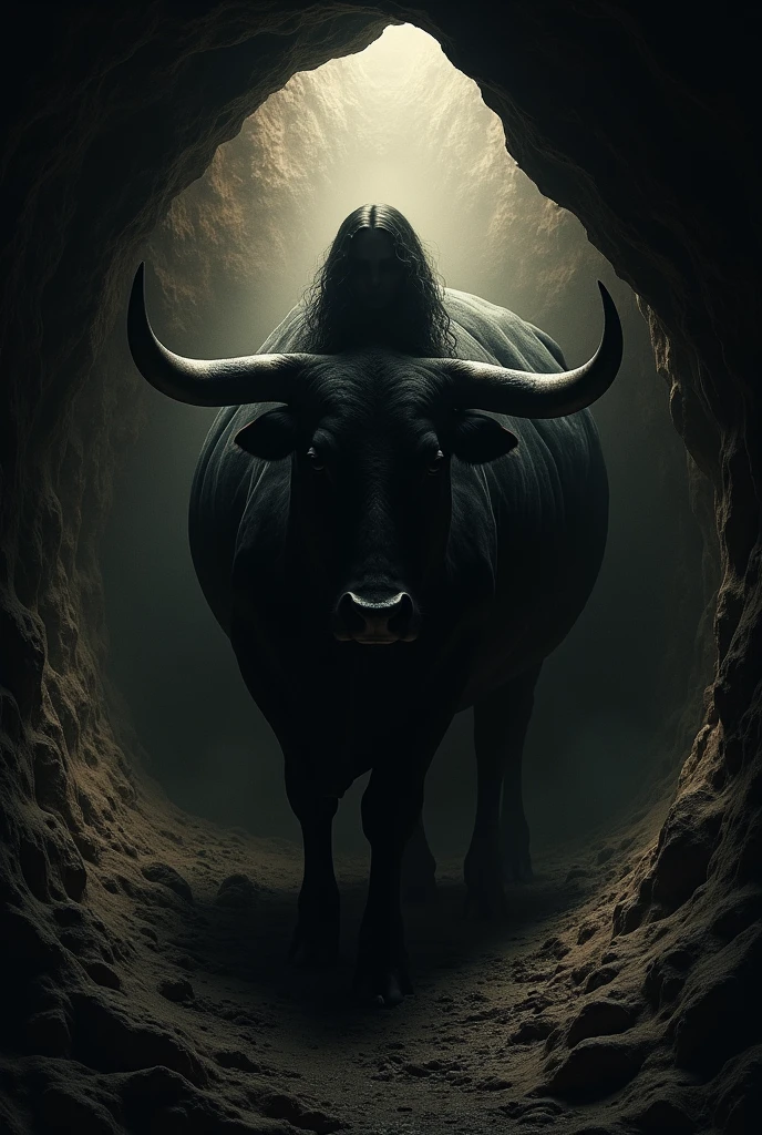 Black silhouette of a woman inside the stomach of a bull
