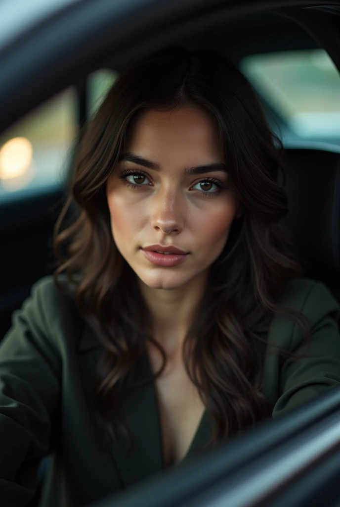 8k, best quality, head of&#39;artwork, realistic, ultra detailed, photo realistic, Augmenter la qualité, 
une photo d&#39;une fille dans sa voiture au volant, Selfie, brune,style classe ,cosy room, elegant,dans le style d&#39;a dark and brooding designer, masse volumineuse, photobash, visages sexy, irregular edges, marine, natural beauty,jambes parfaites,corps naturel,poses sexy,Photo en gros plan