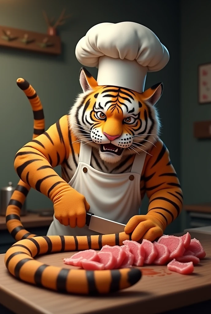 Tiger chef cutting his own long tail into pieces, shocked expression, realistic, long sliced tail, long severed tail on the counter