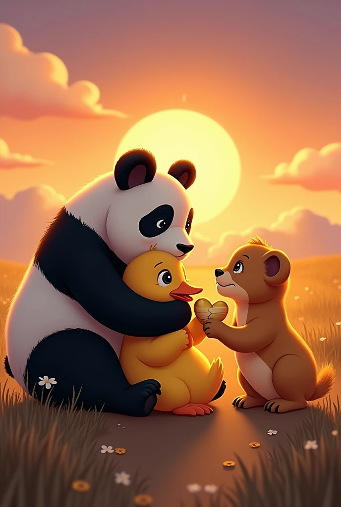 a panda, a duck hugging and a little lion holding a broken golden heart with a bandage, At the sunset