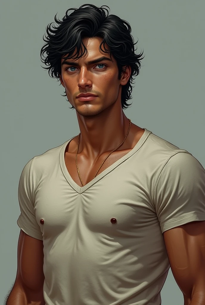 A tall, muscular young man in a t-shirt, her skin is brown, with wavy black hair and blue eyes