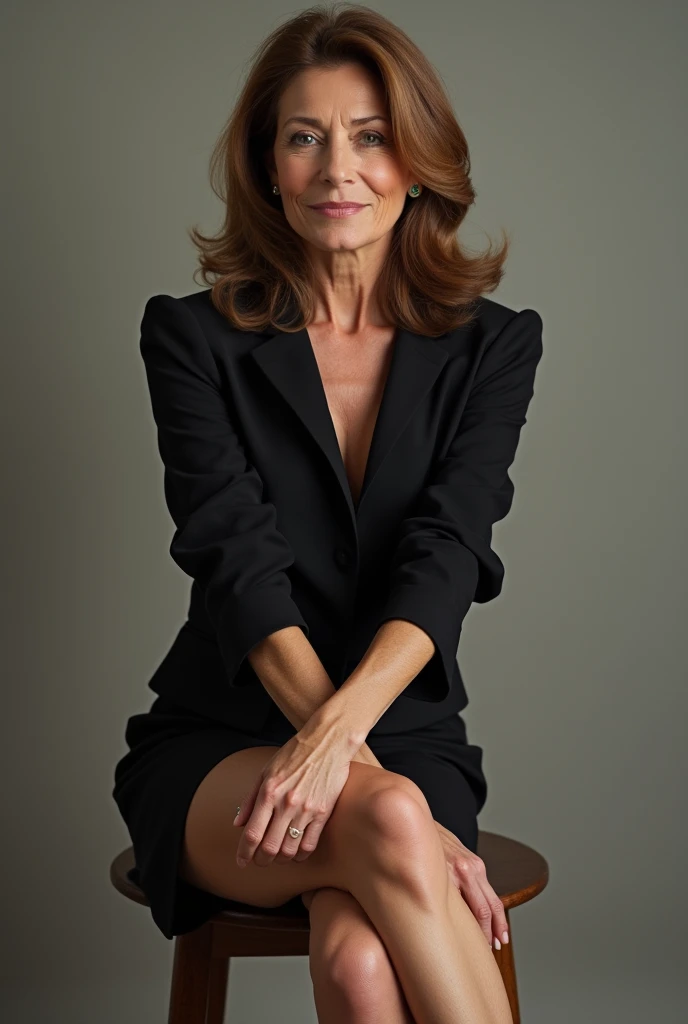 photo of kay parker sitting with legs crossed, short black dress,full body shot,  60yo, some wrinkles, thin body