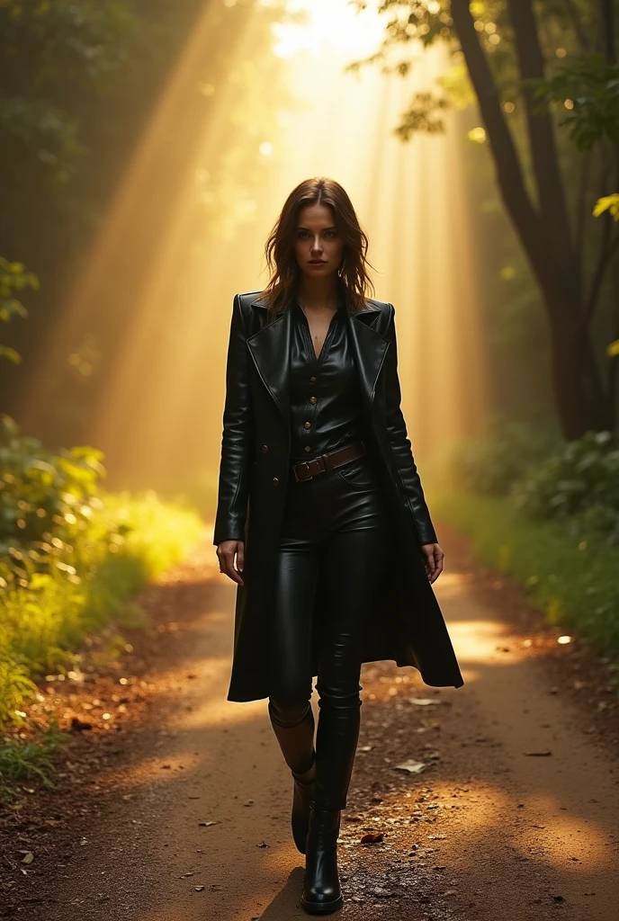 woman in black Couro jacket and black pants walking down dirt road, wearing a full Couro outfit, dressed in black Couro, wearing Couro, dressed in biker Couro, inspirado em August Sander, parado na estrada, permanecendo bravamente na estrada, fotografia de uma mulher techwear, Couro clothes, Couro clothing, foto de roupa cinematográfica, black Couro, Couro, parado na floresta, hair between eyes, light brown hair, sunglasses, mole under eye, shy, fangs, god rays, reflection light, cinematic lighting, god rays, ray tracing, reflection light, 16k