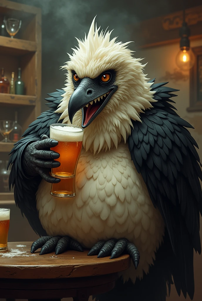 A 5 vulture with a beer belly drinking a glass of beer