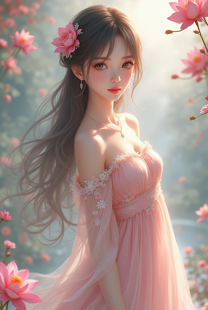 Anime girl werring dress theme rose and lotus