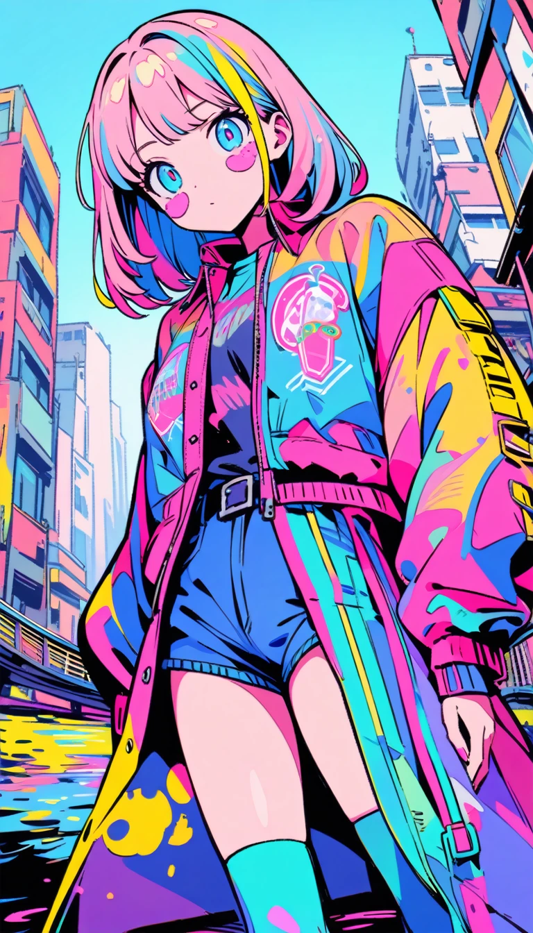 masterpiece, Highest quality, Beautiful attention to detail, Very detailed, In detail, High resolution, Perfect Anatomy, colorful, pastel colour, Girl, (One person:1.5), alone, (City pop illustrations), (City Pop Art), Simple Background, (City Pop Anime), (river, bridge), Kyoto Animation, 80's fashion,Anime, Neon pink and blue colors, scar, Stickers, Neon style full shot