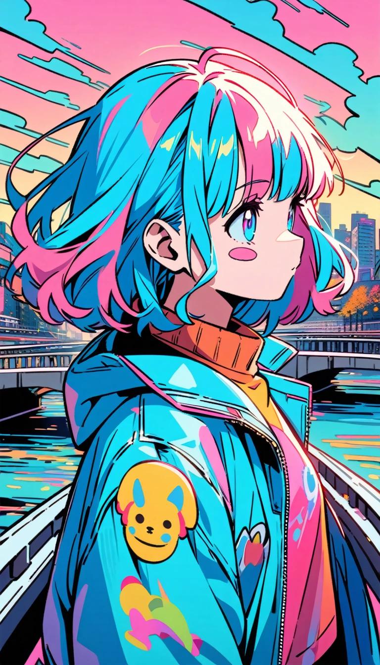 masterpiece, Highest quality, Beautiful attention to detail, Very detailed, In detail, High resolution, Perfect Anatomy, colorful, pastel colour, Girl, (One person:1.5), alone, (City pop illustrations), (City Pop Art), Simple Background, (City Pop Anime), (river, bridge), Kyoto Animation, 80's fashion,Anime, Neon pink and blue colors, scar, Stickers, Neon style full shot