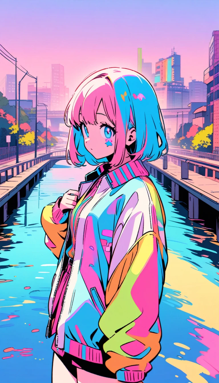masterpiece, Highest quality, Beautiful attention to detail, Very detailed, In detail, High resolution, Perfect Anatomy, colorful, pastel colour, Girl, (One person:1.5), alone, (City pop illustrations), (City Pop Art), Simple Background, (City Pop Anime), (river, bridge), Kyoto Animation, 80's fashion,Anime, Neon pink and blue colors, scar, Stickers, Neon style full shot