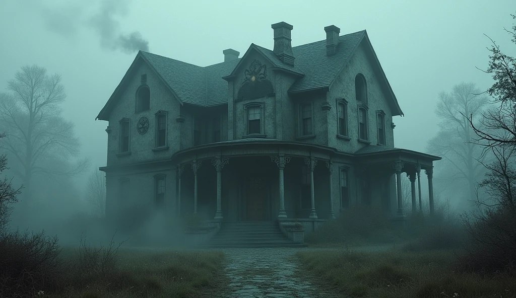 make an illustration about a house where experiments were carried out with bodies and dark forces, add elements that give the image a dark atmosphere, fog and similar elements, ultra-realistic and detailed
