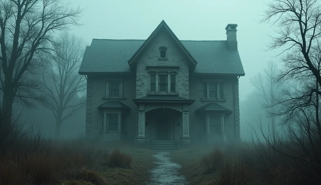 make an illustration about a house where experiments were carried out with bodies and dark forces, add elements that give the image a dark atmosphere, fog and similar elements, ultra-realistic and detailed