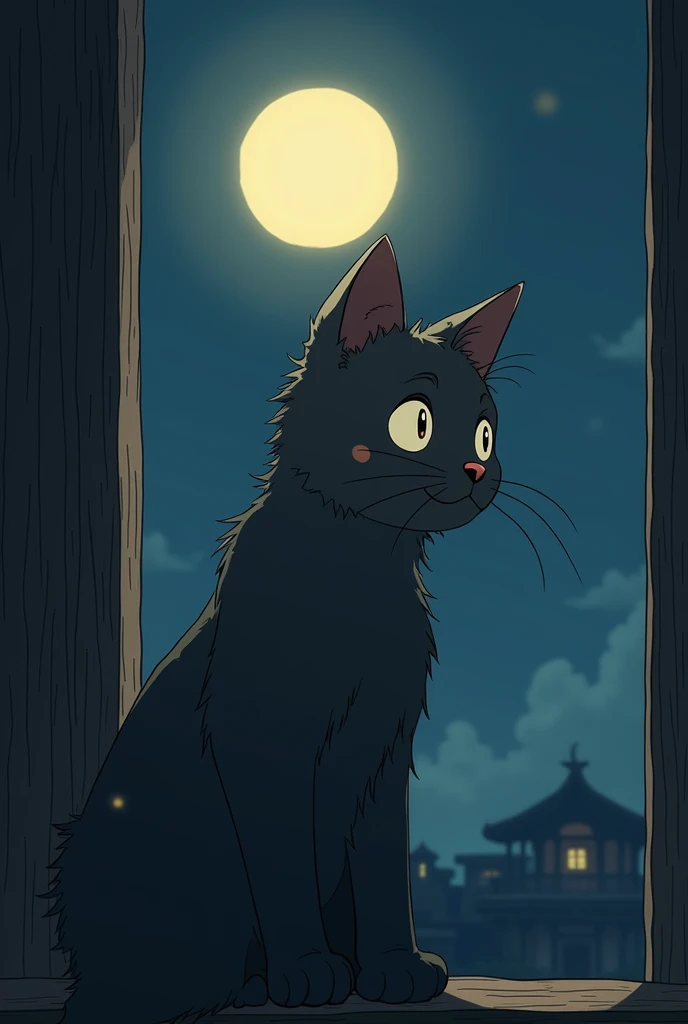 I want a wallpaper that has a dark grey cat with small beige spots on its face, I would like the background to be a window at night or something that reflects peace, I would like the drawing style to be like Studio Ghibli, I want the drawings to be detailed and that when you see it, it reflects nostalgia and peace.. I would like the image to have a more adult style, not so 