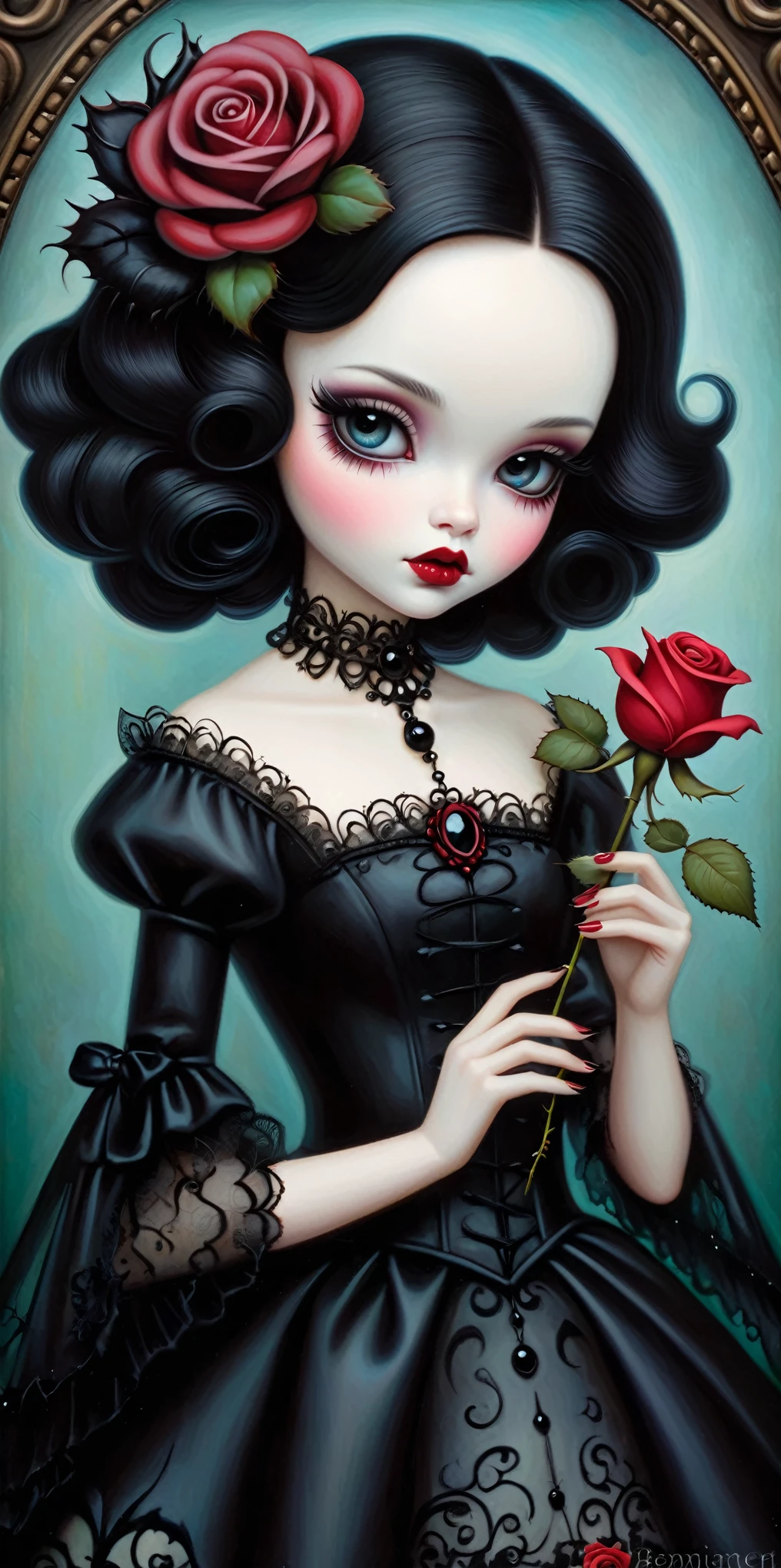 a close up of a doll with a rose in her hand, gothic art style, mark ryden in the style of, mark ryden highly detailed, mark ryden style, gothic art, style of mark ryden, lori earley, gothic girl, natalie shau, by Jasmine Becket-Griffith, gothic painting, gothic princess portrait, benjamin lacombe