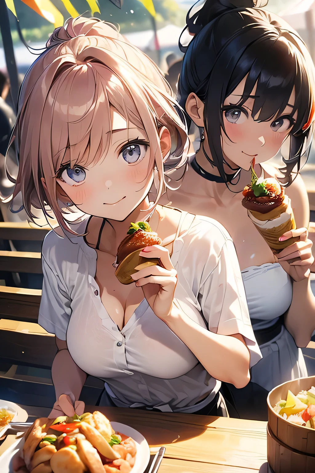 Highest quality、High resolution、Detailed Background、(Beautiful face in every detail:1.4)、Anatomically correct、Normal number of fingers、(Detailed eyes)、Teen anime beauties、(Huge breasts:1.2)、Light color hair、Bobcut、ponytail、well-groomed eyebrows、Perfect body line、Cute gestures、Food Festivals、
(Two beauties enjoying the Food Festivals:1.5)、(Two beautiful women eating various dishes:1.5)、
Food Festivals are held in parks, event spaces, outdoor venues, and other locations that require a lot of space.、Sometimes it is held in urban areas or tourist spots.、You can enjoy a variety of cuisines、cute