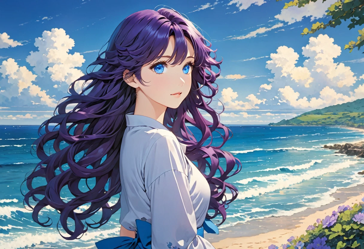 Anime image of a girl. Long Dark purple hair. Blue eyes. Near the sea. Curly silky hair,