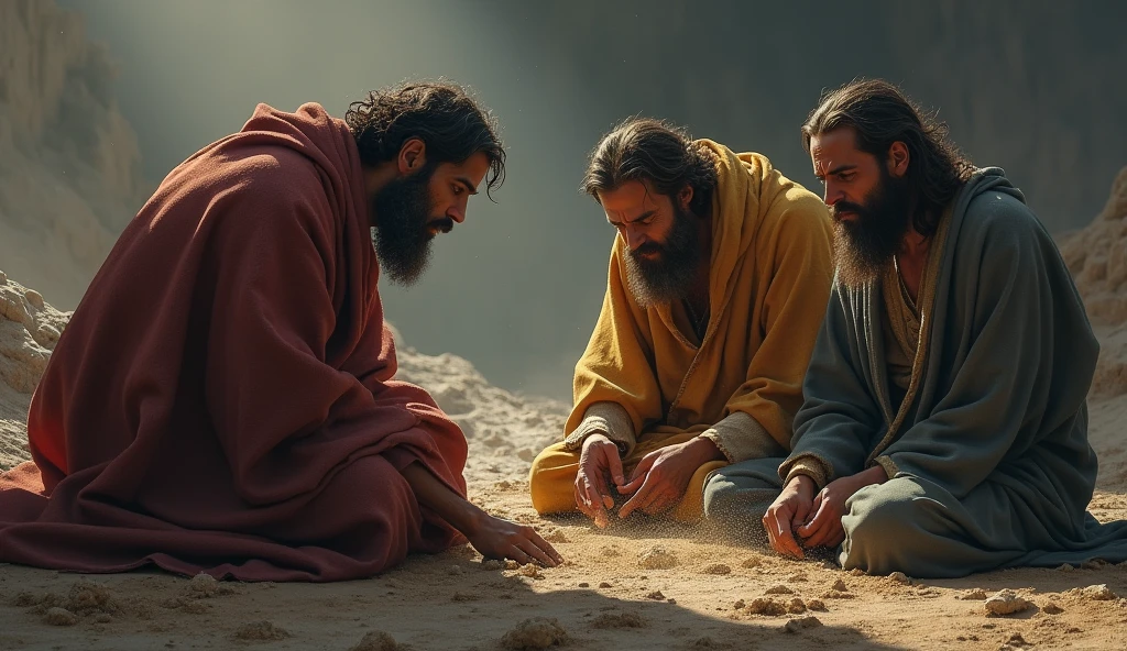 "Create an image that represents the biblical scene from Job 2:12-13. Show Job&#39;s three friends, Eliphaz, Formed by Zofar, arriving and seeing Job from a distance, barely recognizing him because of his wounds and suffering. Friends are crying out loud, with expressions of deep sadness. They tear their cloaks and scatter dust on their heads as a sign of mourning and pain.. Right away, show them sitting on the ground next to Job, in silence, sharing your suffering. The scene should convey a feeling of deep sadness and solidarity., with a desolate and gloomy scenery, reflecting the moment of great pain and compassion."