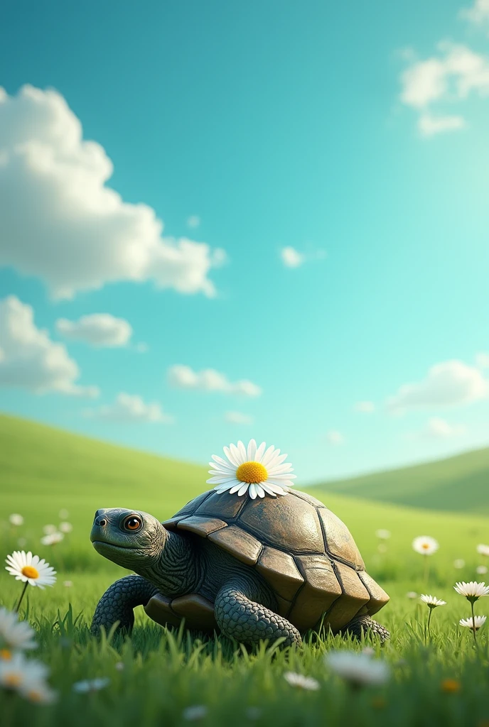 A turtle with a daisy flower, on green grass, radiant blue sky 
