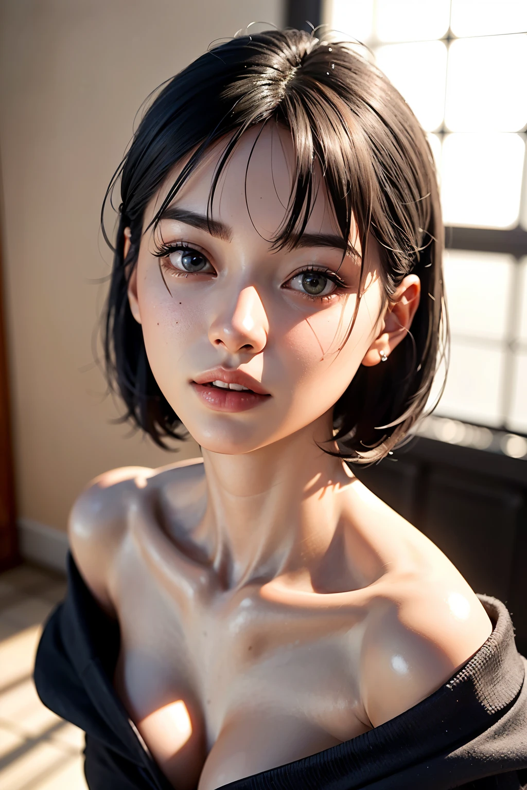1 person, alone, Beautiful Skin, very detaileded, ultra detaileded, Ultra-high resolution, (Photorealism:1.4), (Highest quality), (Best Shadow), detailed, Perfect lighting, Black Hair:2, ((Showpiece, Highest quality, High precision)), one person's, (Realistic: 1.4), (look up at the camera even a little, カメラをlook up, look up, look up at the camera, Looking into the camera))), alone, White Background, snow-White Background, shut up., smile, pretty Black Hair:2, short hair:1.6, Big eyes, Beautiful double eyelids, eyelash, listen, Long neck, 美しいLong neck, Absolute area, ((Face close-up, short hair with bangs、Short Bob Hair:1.5、Off the shoulder)), 1, Attractive proportions, Shiny skin, Beautiful clavicle, Golden ratio face, Perfect Face, Teardrop-shaped mole, Mole on chest, bangs, clean bangs, beautiful bangs, Lip gloss, Thin lips, White skin, I took off my clothes, Small face, Small face, 少し上を向いてLooking into the camera, ((smile a little for the camera, Beautiful background with vibrant paint, Listen carefully, big 胸、Dynamic Angle:1.5、Workplace Safety:2))