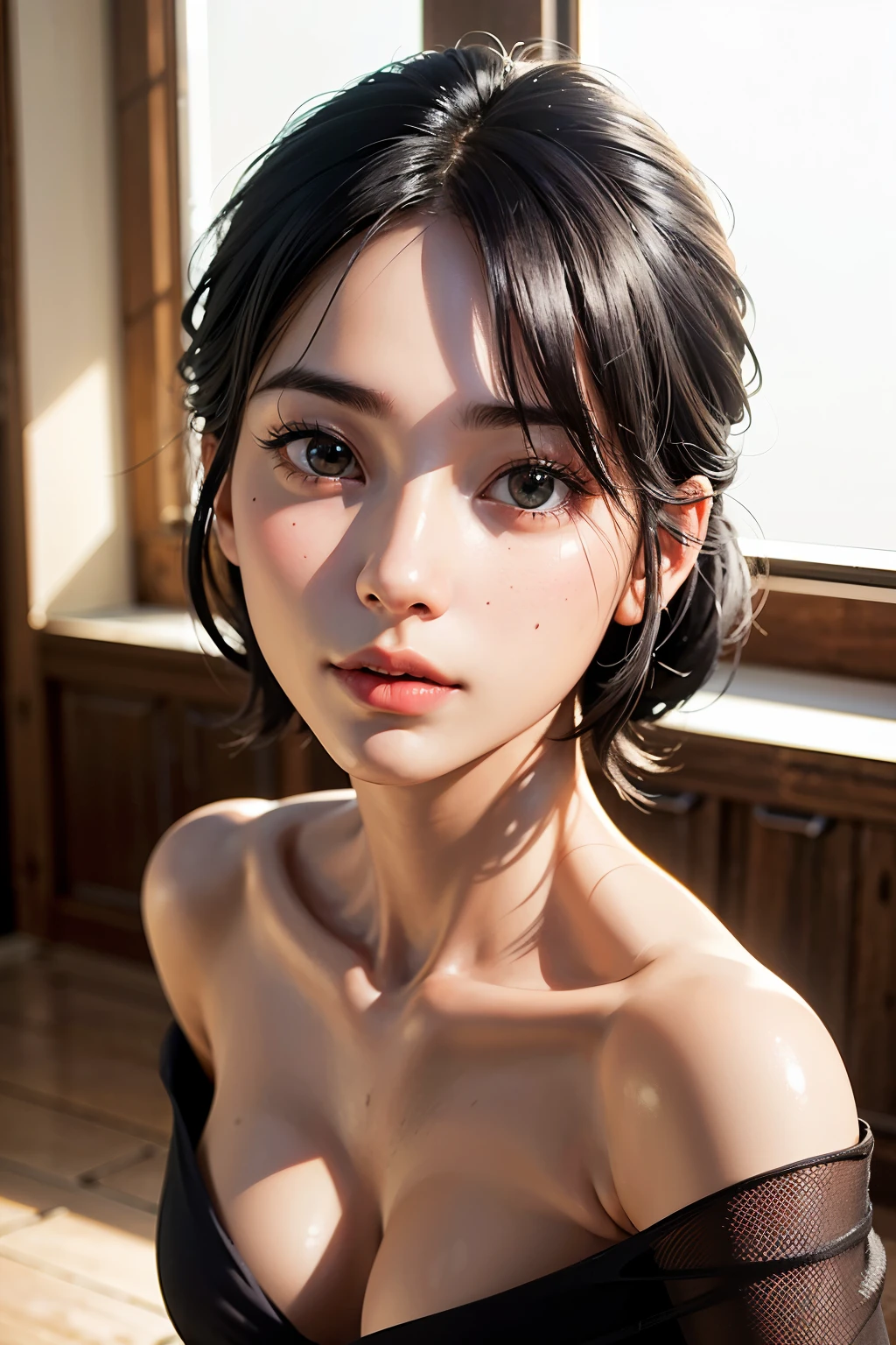 1 person, alone, Beautiful Skin, very detaileded, ultra detaileded, Ultra-high resolution, (Photorealism:1.4), (Highest quality), (Best Shadow), detailed, Perfect lighting, Black Hair:2, ((Showpiece, Highest quality, High precision)), one person's, (Realistic: 1.4), (look up at the camera even a little, カメラをlook up, look up, look up at the camera, Looking into the camera))), alone, White Background, snow-White Background, shut up., smile, pretty Black Hair:2, short hair:1.6, Big eyes, Beautiful double eyelids, eyelash, listen, Long neck, 美しいLong neck, Absolute area, ((Face close-up, short hair with bangs、Short Bob Hair:1.5、Off the shoulder)), 1, Attractive proportions, Shiny skin, Beautiful clavicle, Golden ratio face, Perfect Face, Teardrop-shaped mole, Mole on chest, bangs, clean bangs, beautiful bangs, Lip gloss, Thin lips, White skin, I took off my clothes, Small face, Small face, 少し上を向いてLooking into the camera, ((smile a little for the camera, Beautiful background with vibrant paint, Listen carefully, big 胸、Dynamic Angle:1.5、Workplace Safety:2))