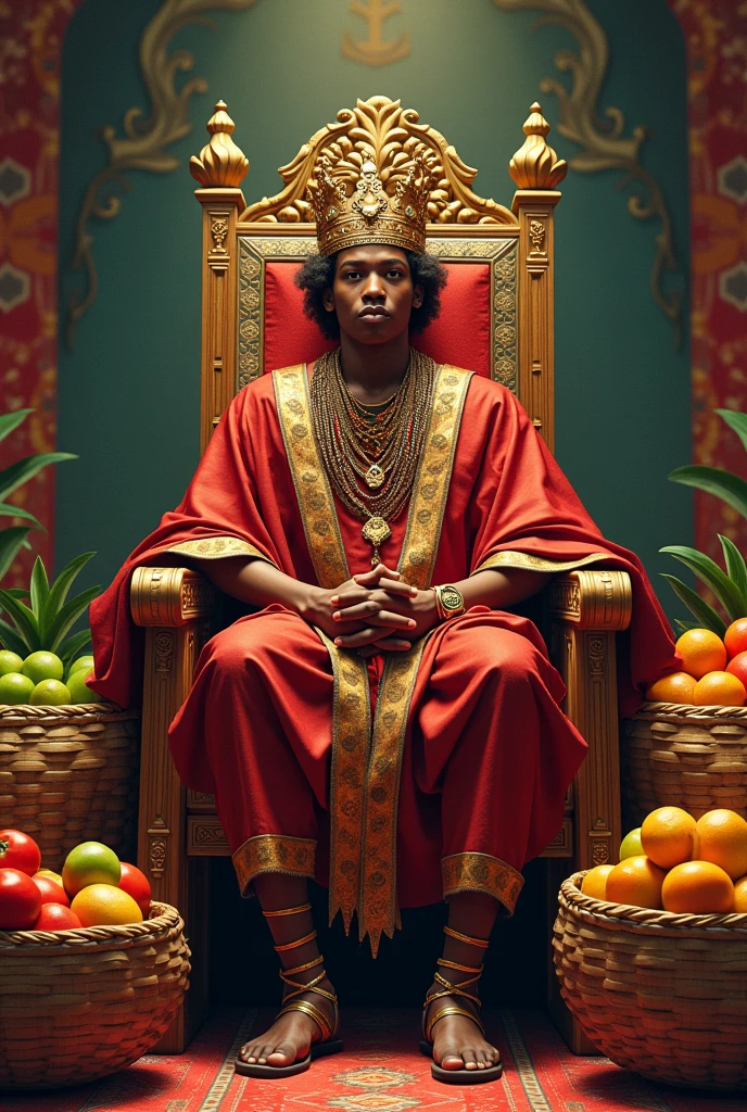 A young Nigeria Igbo king sitting on his throne with baskets of fruits on the floor beside him
