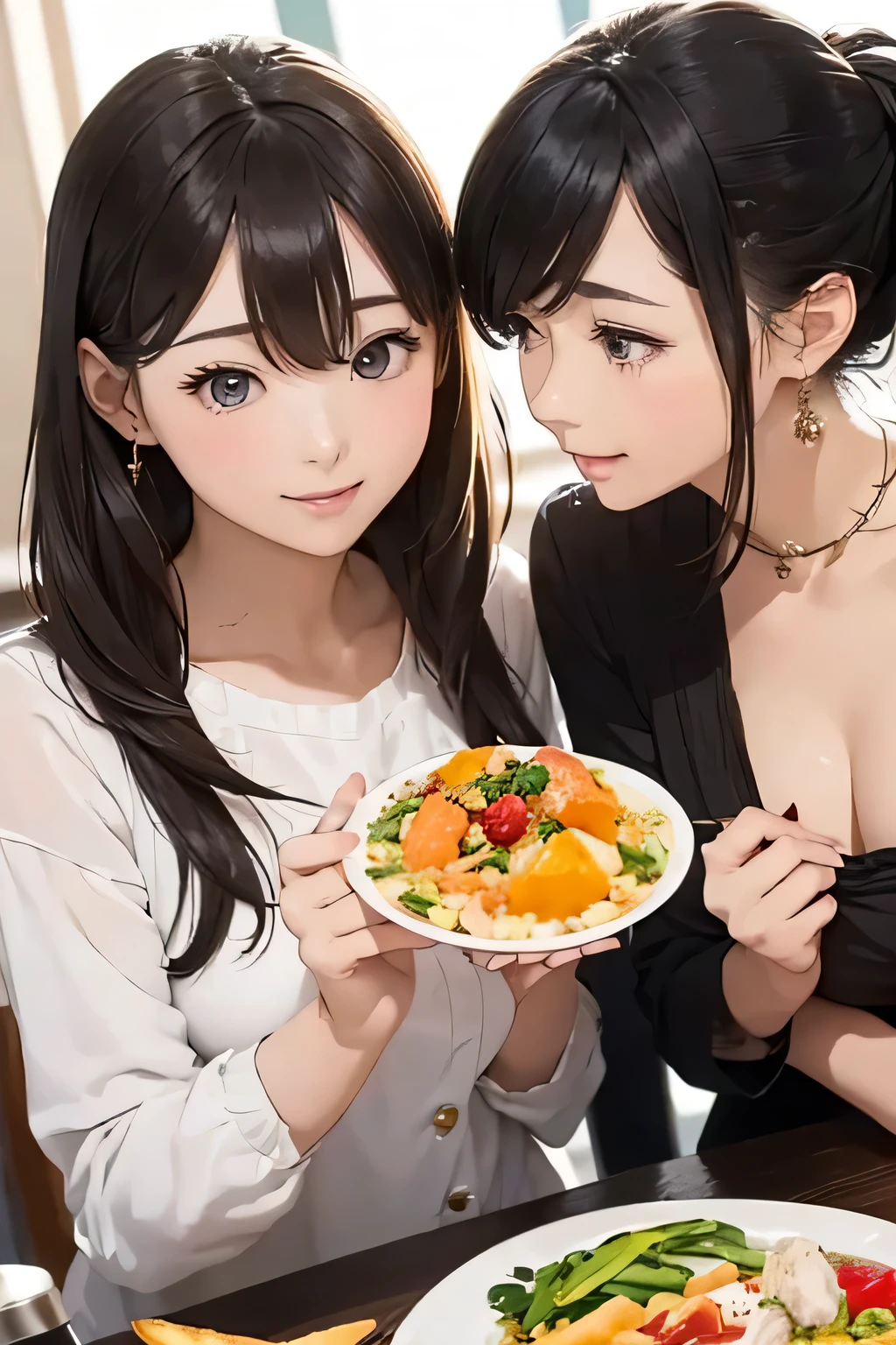 Highest quality、High resolution、Detailed Background、(Beautiful face in every detail:1.4)、Anatomically correct、Normal number of fingers、(Detailed eyes)、 anime beauties、(Huge breasts:1.2)、Light color hair、Bobcut、ponytail、well-groomed eyebrows、Perfect body line、Cute gestures、Food Festivals、
(Two beauties enjoying the Food Festivals:1.5)、(Two beautiful women eating various dishes:1.5)、
Food Festivals are held in parks, event spaces, outdoor venues, and other locations that require a lot of space.、Sometimes it is held in urban areas or tourist spots.、You can enjoy a variety of cuisines、cute