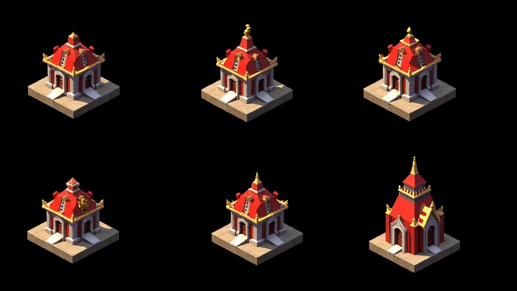 a close up of several different temples, detailed temples, small temples, Temples and temple details, isometric temples, prerendered isometric graphics, stylized temples, game assets, isometric game feature, large temples, Isometric views, temple background, isometric game art, detailed temples, isometric view of a temple, 3D Renderings