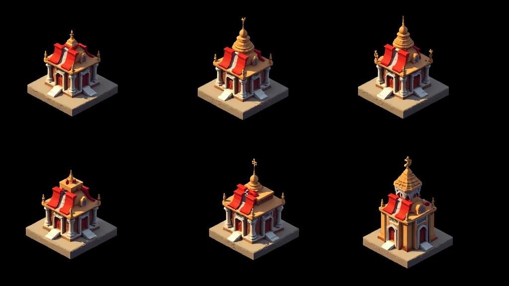 a close up of several different temples, detailed temples, small temples, Temples and temple details, isometric temples, prerendered isometric graphics, stylized temples, game assets, isometric game feature, large temples, Isometric views, temple background, isometric game art, detailed temples, isometric view of a temple, 3D Renderings