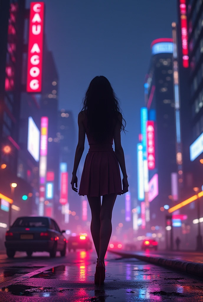 A city at night, with lots of lights and a silhouette of a woman in the background with a phrase that says “only you”