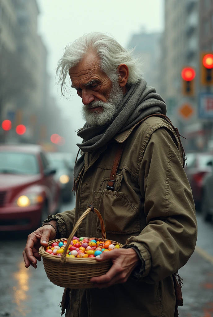 An elderly white man, dressed as a beggar selling candy at the traffic lights