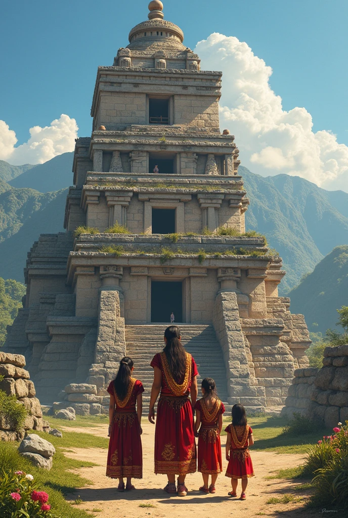 Inca family in front of Inca temple