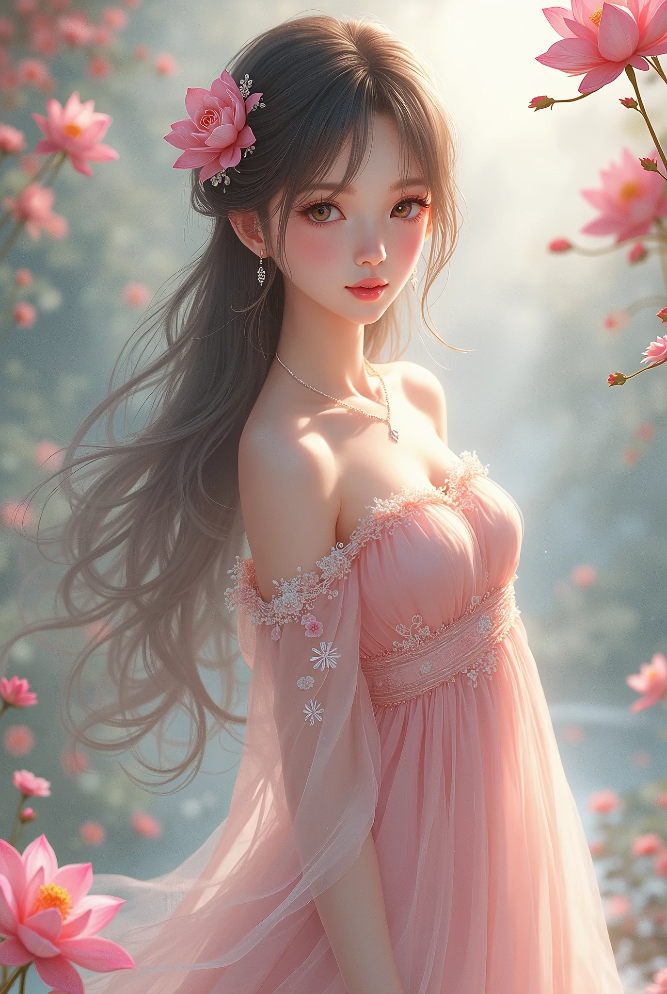 Anime girl werring dress theme rose and lotus