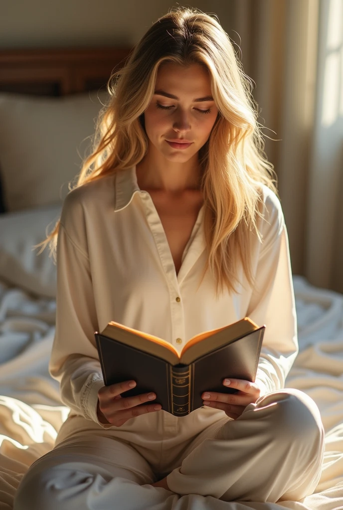 1 girl,adult,blonde,long dress,covered with collar,Reading the bible,room,bed