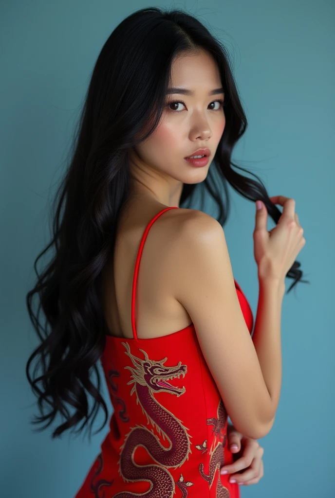 Create a high resolution image of a very attractive woman with sleek black hair, posing sensually in front of a blue wall. She is wearing a sophisticated red dress with a highly detailed dragon print. The dragon design should be intricate and vivid, showing good craftsmanship. The background should be a soft, elegant blue, in contrast to the stunning red of the dress. The lighting should highlight the texture and flow of her hair, as well as the elaborate details of the dragon print on her dress, creating a captivating and refined visual effect."