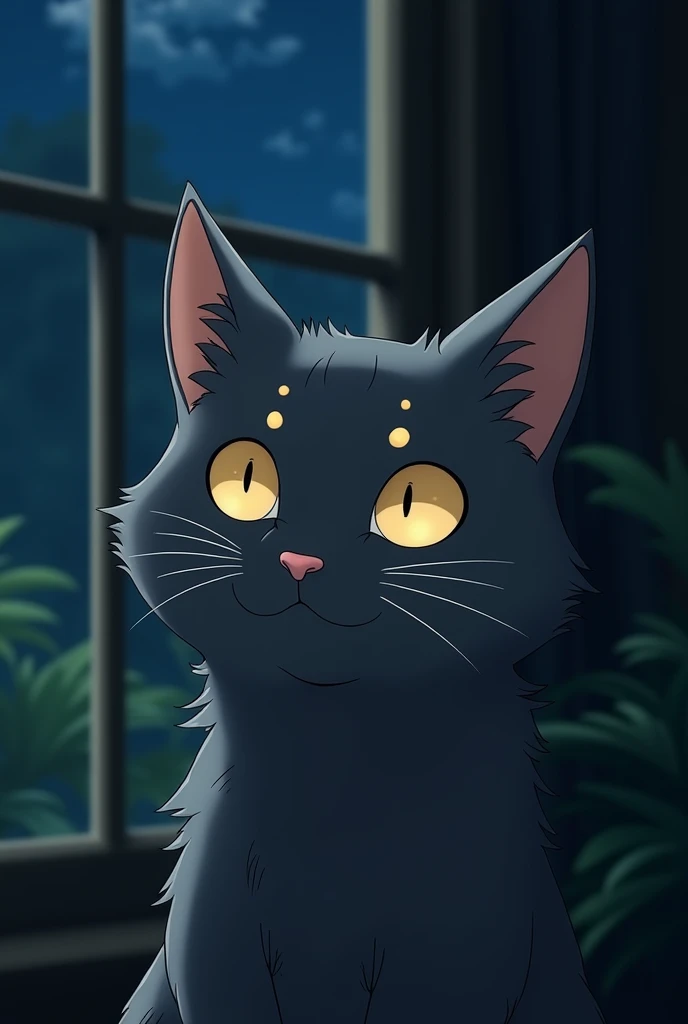 I want a mobile wallpaper that has a dark grey cat with small beige spots on its face, I would like the background to be a window at night or something that reflects peace, I would like the drawing style to be like Studio Ghibli, I want the drawings to be detailed and that when you see it, it reflects nostalgia and peace.. I would like the image to have a more adult style, not so 