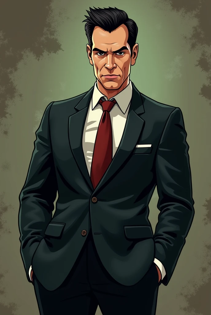 John Ghotti in cartoon board game mafia style in dark beige and green background 