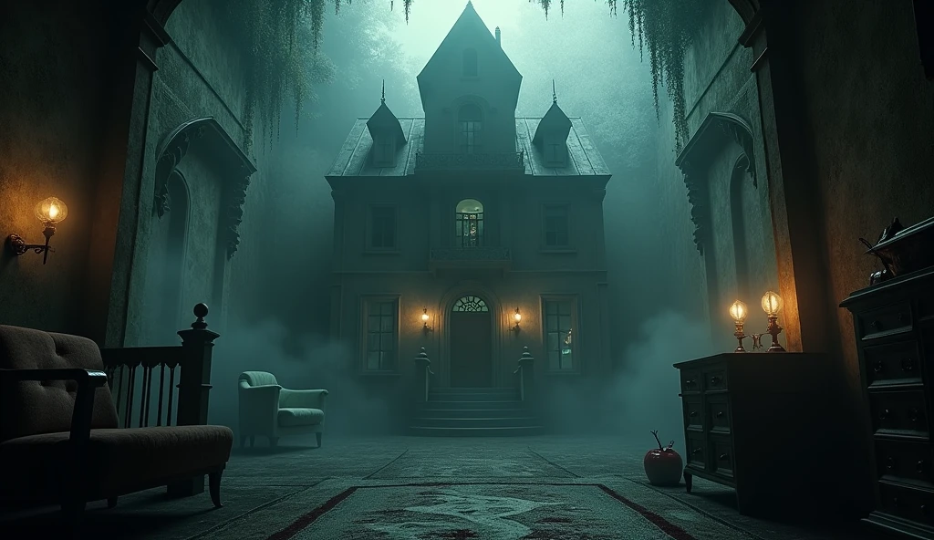 make an illustration about a house where experiments were carried out with dark bodies and forces, show the inside of the house ,place elements that give the image a dark mood, fog and similar elements, ultra-realistic and detailed