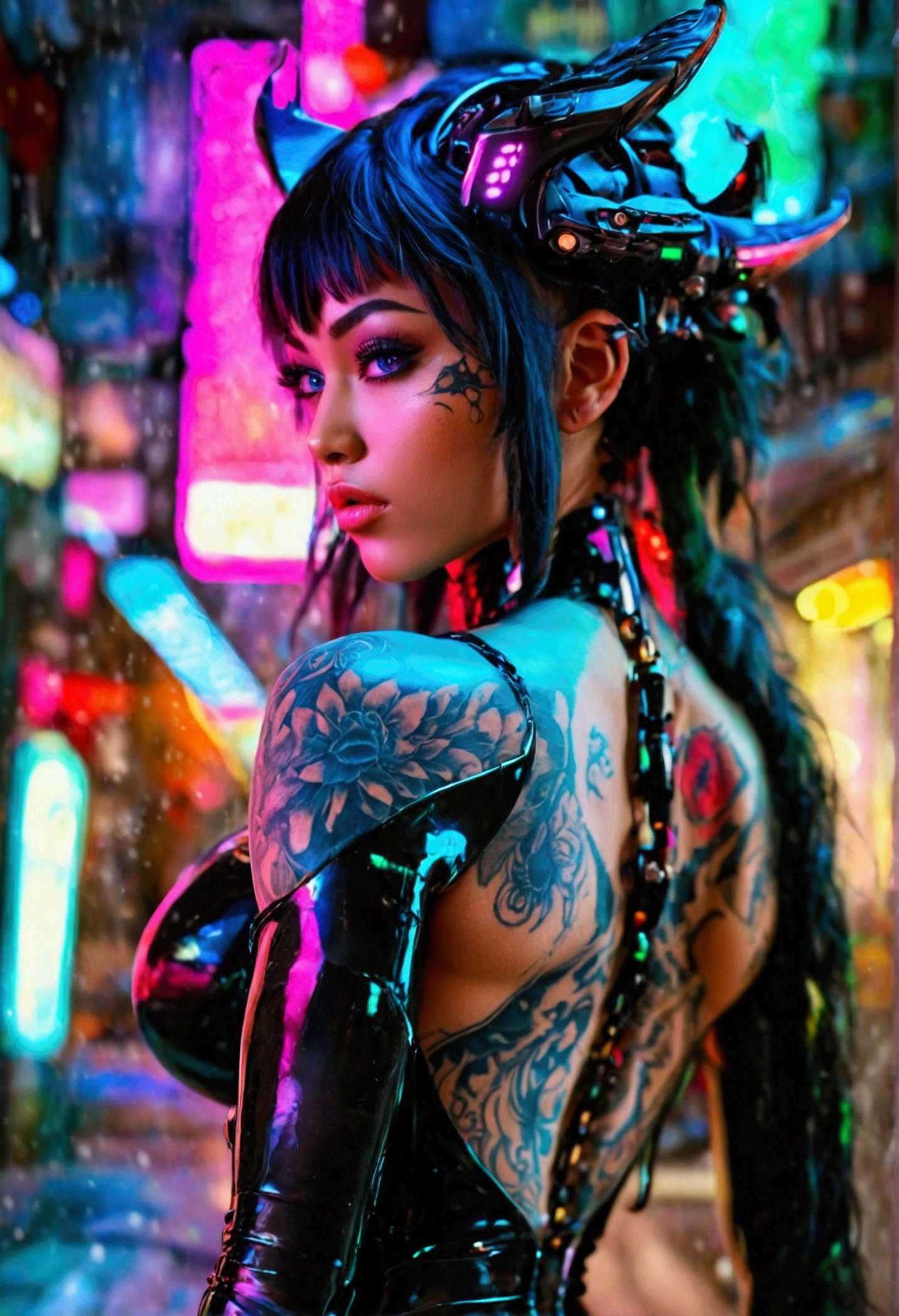 Create a hyper detailed photograph of ablack ink, tattoo  muscular young sexy kaiju , Stunningly perfect gorgeous face, perfect makeup, detailed vibrant neon sapphire eyes, long hair, big beautiful muscular legs, big beautiful muscular arms, big back muscles, perfect Voluptuous body figure, muscular abs, detailed smooth skin, (gigantic huge breasts), big muscular ass, black lace dress, detailed realistic cyberpunk futuristic vehicle,